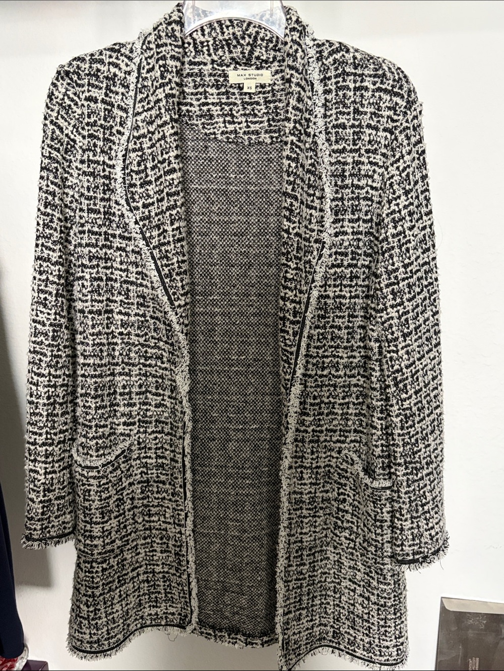 Max Studio Black and White Tweed Open-Front Cardigan
